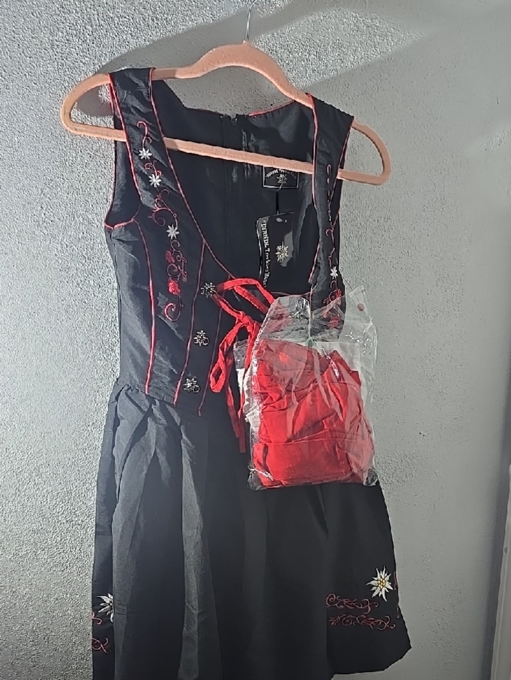 Black Dress with Red Embroidery. Apron and Blouse Included